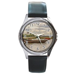 Fishing And Sailboats At Santa Lucia River In Montevideo Round Metal Watches by dflcprints