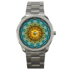 Blue Yellow Ocean Star Flower Mandala Sport Metal Watch by Zandiepants