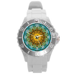 Blue Yellow Ocean Star Flower Mandala Round Plastic Sport Watch (l) by Zandiepants