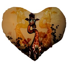 Funny, Cute Giraffe With Sunglasses And Flowers Large 19  Premium Heart Shape Cushions by FantasyWorld7