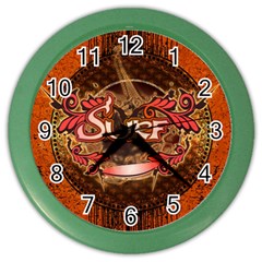 Surfing, Surfboard With Floral Elements  And Grunge In Red, Black Colors Color Wall Clocks by FantasyWorld7