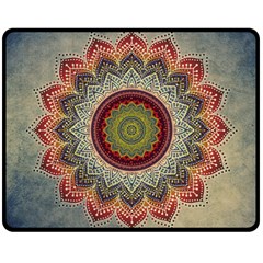 Folk Art Lotus Mandala Dirty Blue Red Double Sided Fleece Blanket (medium)  by EDDArt