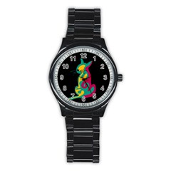 Colorful Abstract Cat  Stainless Steel Round Watch by Valentinaart