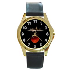 Strawberry Round Gold Metal Watch by Nexatart