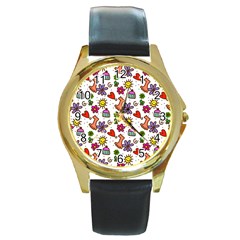 Doodle Wallpaper Round Gold Metal Watch by Nexatart