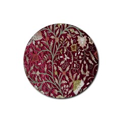 Crewel Fabric Tree Of Life Maroon Rubber Coaster (round)  by Amaryn4rt