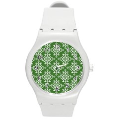 St Patrick S Day Damask Vintage Green Background Pattern Round Plastic Sport Watch (m) by Simbadda