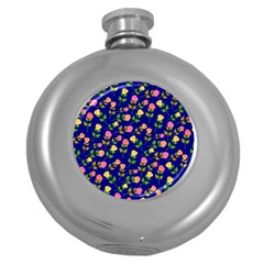 Flowers Roses Floral Flowery Blue Background Round Hip Flask (5 Oz) by Simbadda