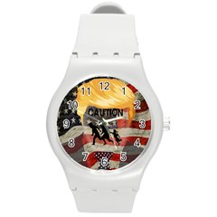 Caution Round Plastic Sport Watch (m) by Valentinaart