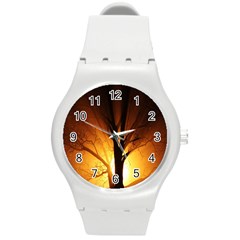 Rays Of Light Tree In Fog At Night Round Plastic Sport Watch (m) by Amaryn4rt