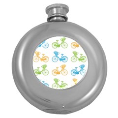 Vintage Bikes With Basket Of Flowers Colorful Wallpaper Background Illustration Round Hip Flask (5 Oz) by Simbadda