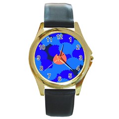 Image Orange Blue Sign Black Spot Polka Round Gold Metal Watch by Mariart