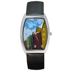 Brightly Colored Dressing Huts Barrel Style Metal Watch by Nexatart