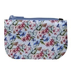 Watercolor Flowers Butterflies Pattern Blue Red Large Coin Purse by EDDArt