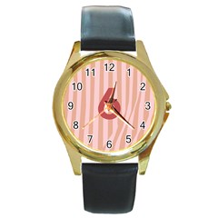 Number 6 Line Vertical Red Pink Wave Chevron Round Gold Metal Watch by Mariart