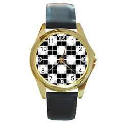 Plaid Black White Round Gold Metal Watch