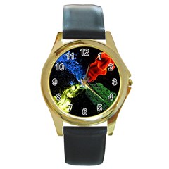 Perfect Amoled Screens Fire Water Leaf Sun Round Gold Metal Watch