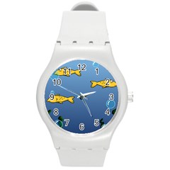 Water Bubbles Fish Seaworld Blue Round Plastic Sport Watch (m) by Mariart