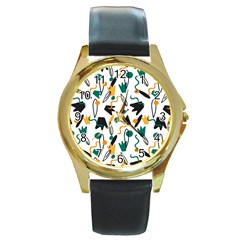 Flowers Duck Legs Line Round Gold Metal Watch