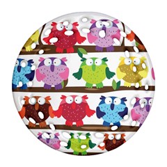 Funny Owls Sitting On A Branch Pattern Postcard Rainbow Ornament (round Filigree) by Mariart