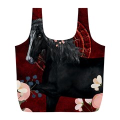 Awesmoe Black Horse With Flowers On Red Background Full Print Recycle Bags (l)  by FantasyWorld7