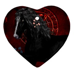 Awesmoe Black Horse With Flowers On Red Background Heart Ornament (two Sides) by FantasyWorld7