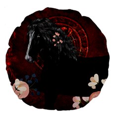 Awesmoe Black Horse With Flowers On Red Background Large 18  Premium Flano Round Cushions by FantasyWorld7