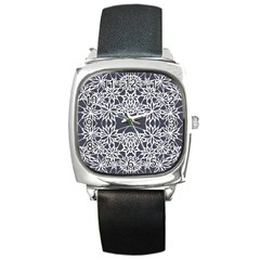 Blue White Lace Flower Floral Star Square Metal Watch