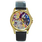 Graffiti Mural Street Art Painting Round Gold Metal Watch Front