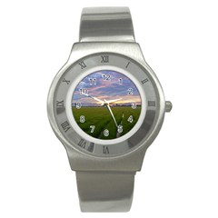 Landscape Sunset Sky Sun Alpha Stainless Steel Watch by Nexatart