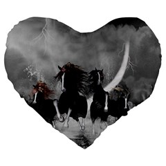 Awesome Wild Black Horses Running In The Night Large 19  Premium Heart Shape Cushions by FantasyWorld7