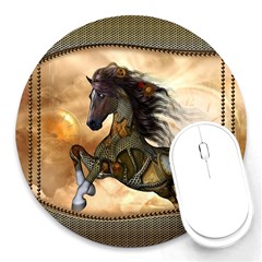 Steampunk, Wonderful Steampunk Horse With Clocks And Gears, Golden Design Round Mousepads by FantasyWorld7