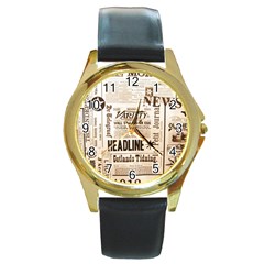 Vintage Newspapers Headline Typography Round Gold Metal Watch by yoursparklingshop