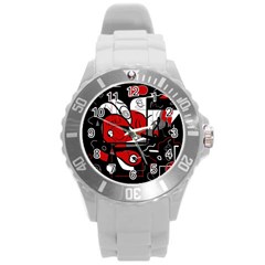 Red Black And White Abstraction Round Plastic Sport Watch (l) by Valentinaart