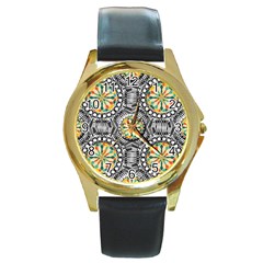 Beveled Geometric Pattern Round Gold Metal Watch by linceazul