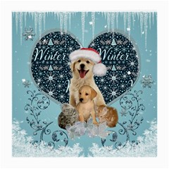 It s Winter And Christmas Time, Cute Kitten And Dogs Medium Glasses Cloth (2-side) by FantasyWorld7