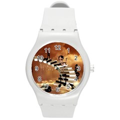 Cute Little Girl Dancing On A Piano Round Plastic Sport Watch (m) by FantasyWorld7