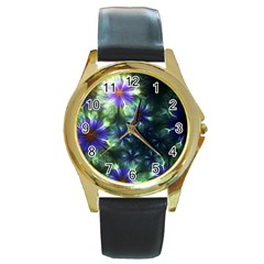 Fractal Painting Blue Floral Round Gold Metal Watch by Celenk