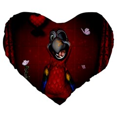 Funny, Cute Parrot With Butterflies Large 19  Premium Flano Heart Shape Cushions by FantasyWorld7