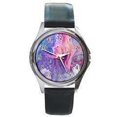 Marbled,ultraviolet,violet,purple,pink,blue,white,stone,marble,modern,trendy,beautiful Round Metal Watch by NouveauDesign