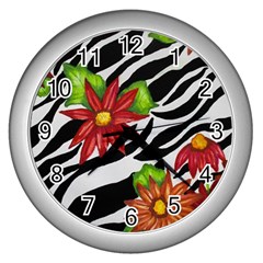 Floral Zebra Print Wall Clocks (silver)  by dawnsiegler