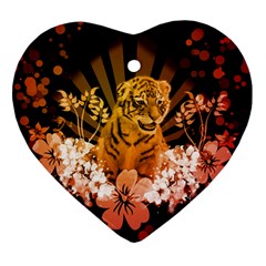 Cute Little Tiger With Flowers Ornament (heart) by FantasyWorld7