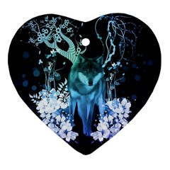 Amazing Wolf With Flowers, Blue Colors Heart Ornament (two Sides) by FantasyWorld7