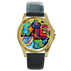 Urban Graffiti Movie Theme Productor Colorful Abstract Arrows Round Gold Metal Watch by genx