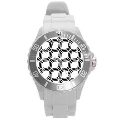 Diagonal Pattern Background Black And White Round Plastic Sport Watch (l) by Sapixe