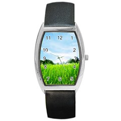 Green Landscape, Green Grass Close Up Blue Sky And White Clouds Barrel Style Metal Watch by Sapixe