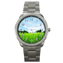 Green Landscape, Green Grass Close Up Blue Sky And White Clouds Sport Metal Watch by Sapixe