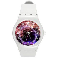 Happy New Year Clock Time Fireworks Pictures Round Plastic Sport Watch (m) by Sapixe