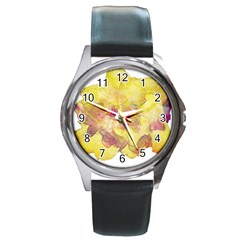 Yellow Rose Round Metal Watch by aumaraspiritart