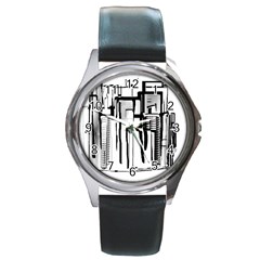 Black And White City Round Metal Watch by digitaldivadesigns